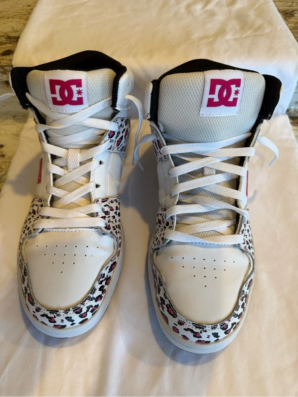 DC Cure Hi White High-Top Sneakers with Pink Leopard Accents